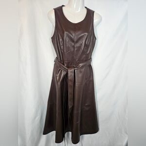 Chartou Chocolate Brown Faux Leather Belted Midi Dress Sleeveless Size M